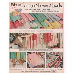 Cannon Bath Towel Advertisement Vintage 1957 Midcentury Shower of Towels Linens